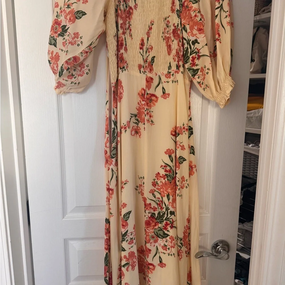 Faithfull the Brand Floral Puff Sleeve Dress in Butter Yellow & Pink - Picture 2 of 4